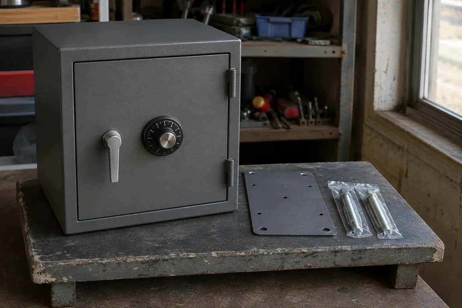 Closed small safe beside a metal plate and packaged fasteners on a workshop bench. — Safe Installation & Servicing, Kawartha Lakes