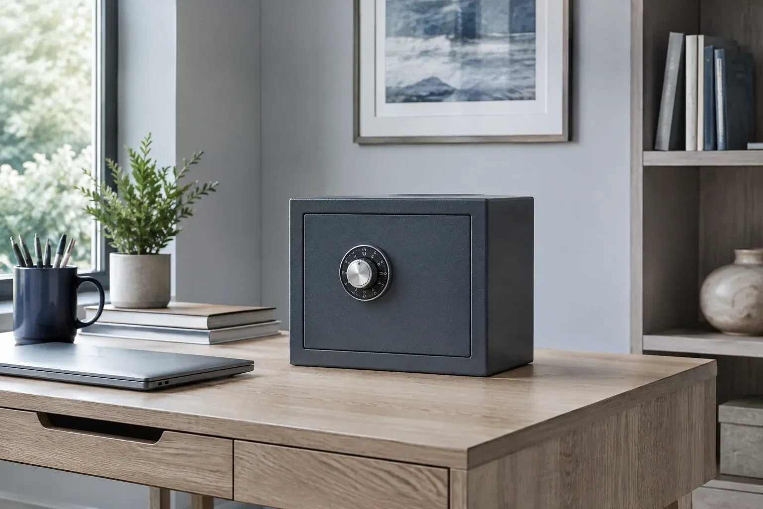 Small dark safe with a combination dial on a wooden desk beside a closed laptop and books. — Safe Opening & Combination Change, Kawartha Lakes