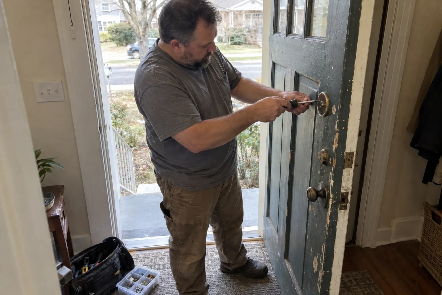 Technician using a screwdriver on the deadbolt of an open blue-gray front door, with a tool bag and screw tray nearby. — Deadbolt Installation, Kawartha Lakes