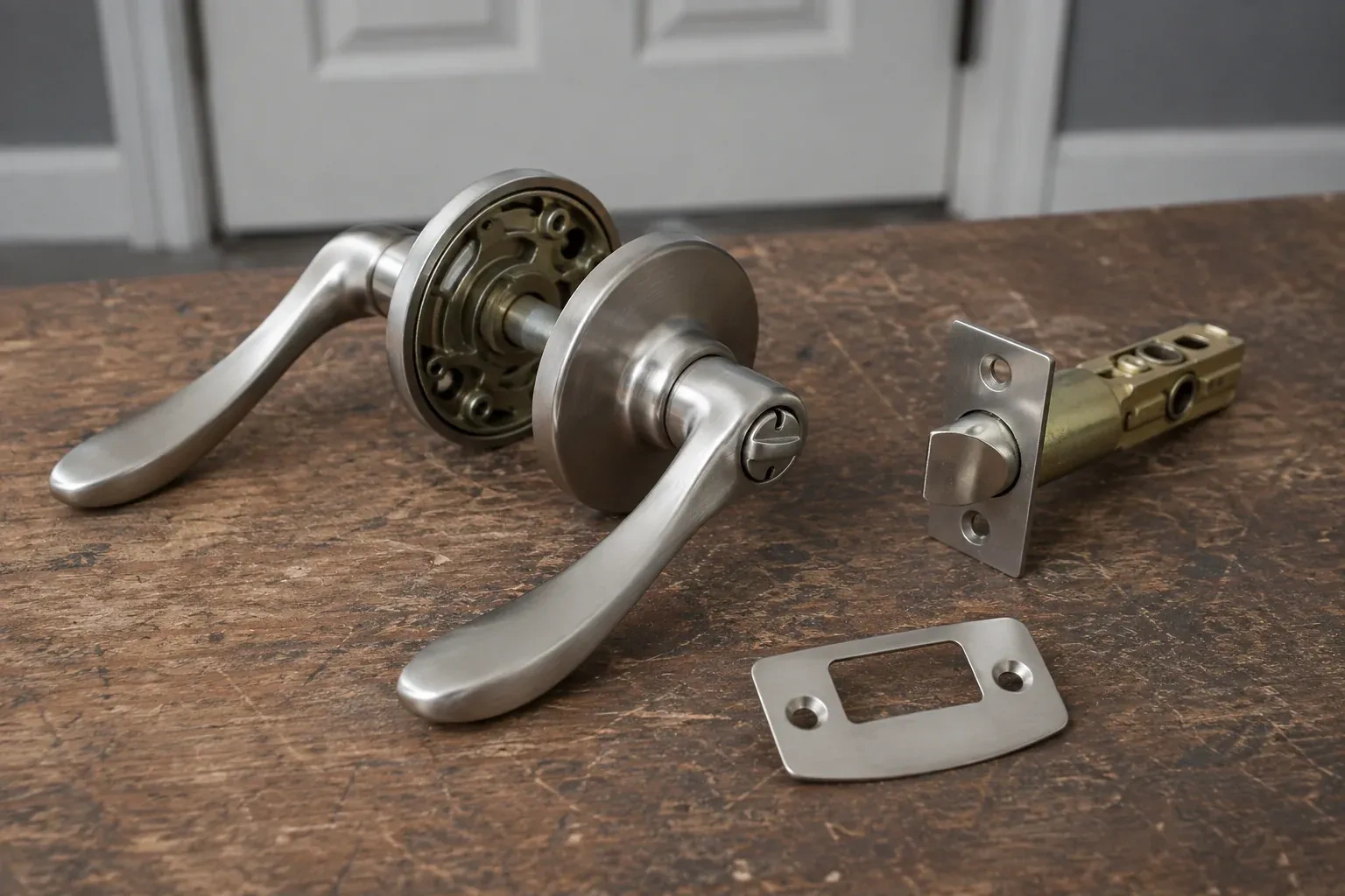 Detached satin-nickel lever hardware, tubular latch and strike plate on a wooden workbench. — Lock Replacement & Upgrade, Kawartha Lakes