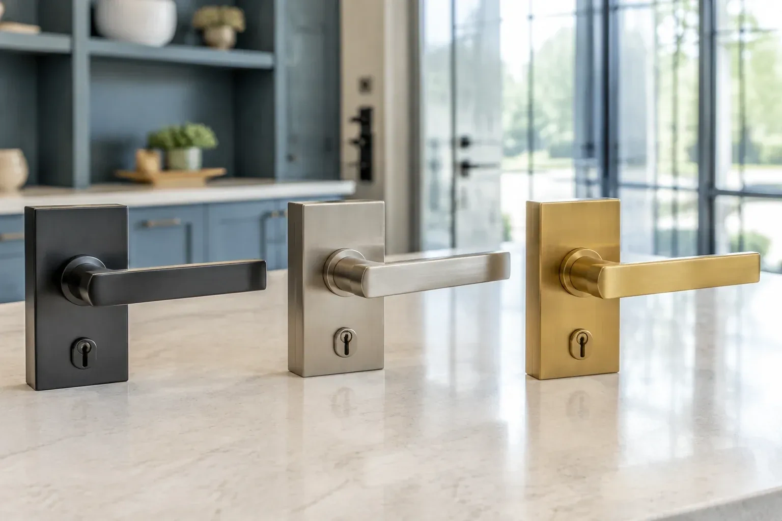 Three rectangular door-handle sets with keyholes in black, silver-colored and gold-colored finishes standing on a countertop. — Commercial Rekeying, Kawartha Lakes