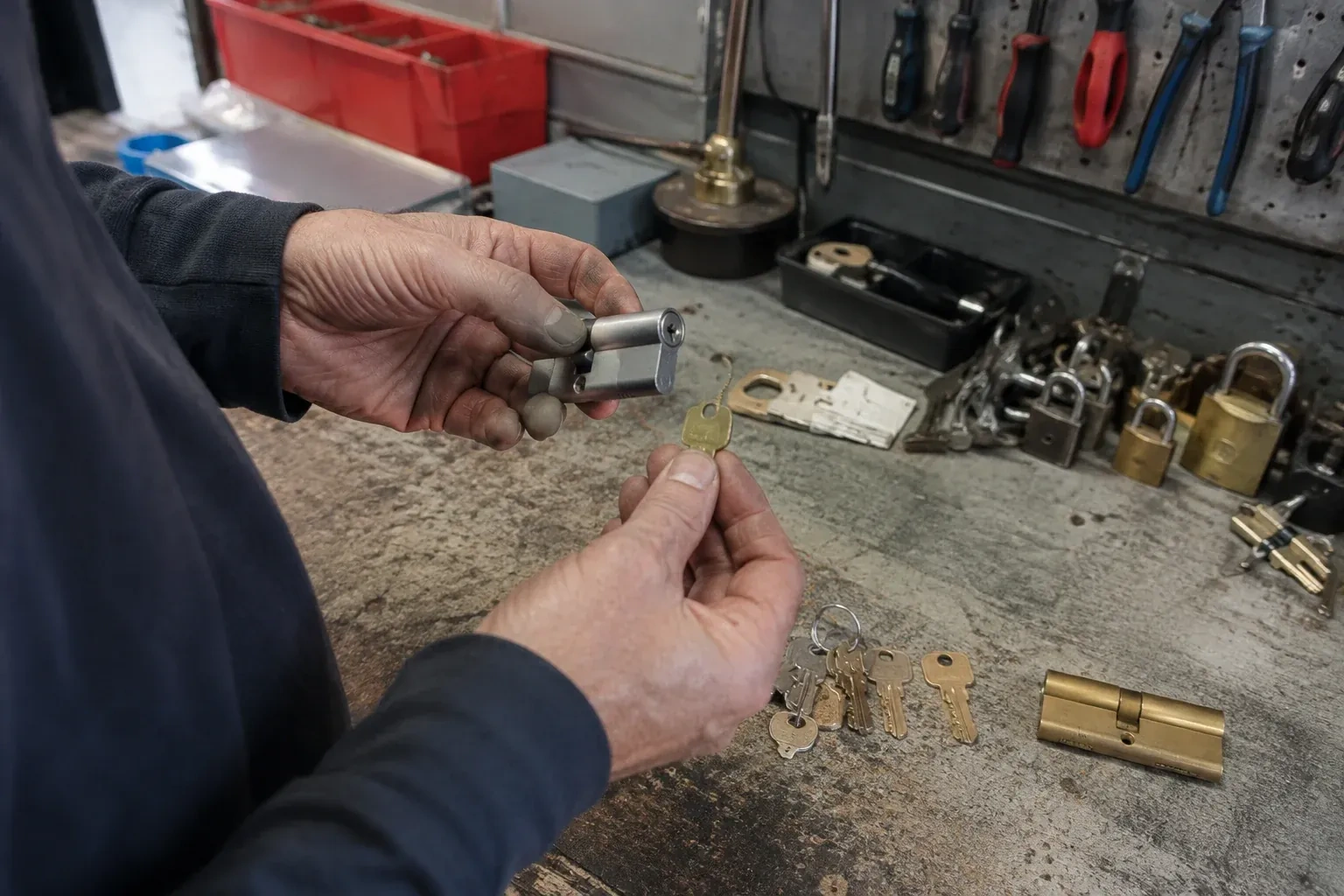 Hands holding a silver-colored lock cylinder and a brass-colored key above a workbench with padlocks, keys and tools. — Master Key System Design, Kawartha Lakes