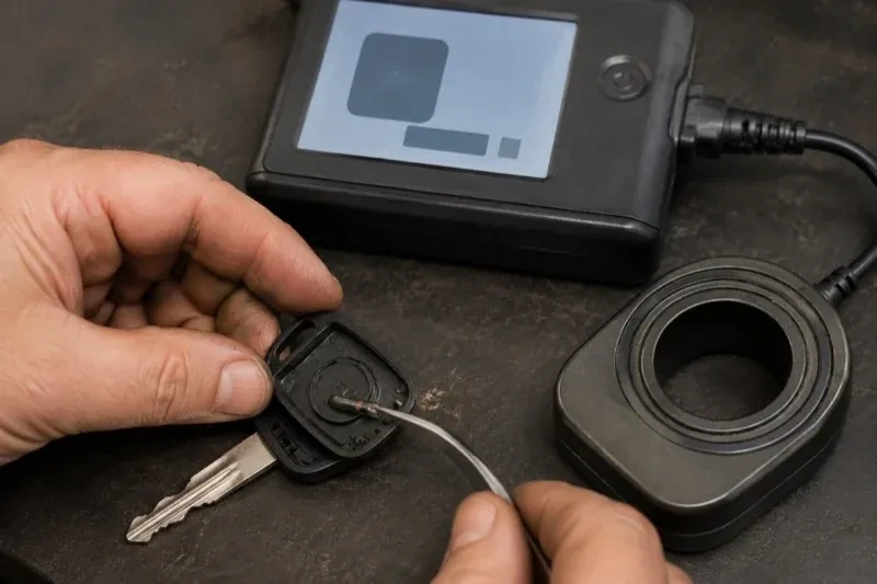 Hands using tweezers at an opened car-key head beside a small electronic unit and a ring-shaped accessory. — Transponder Key Programming, Kawartha Lakes