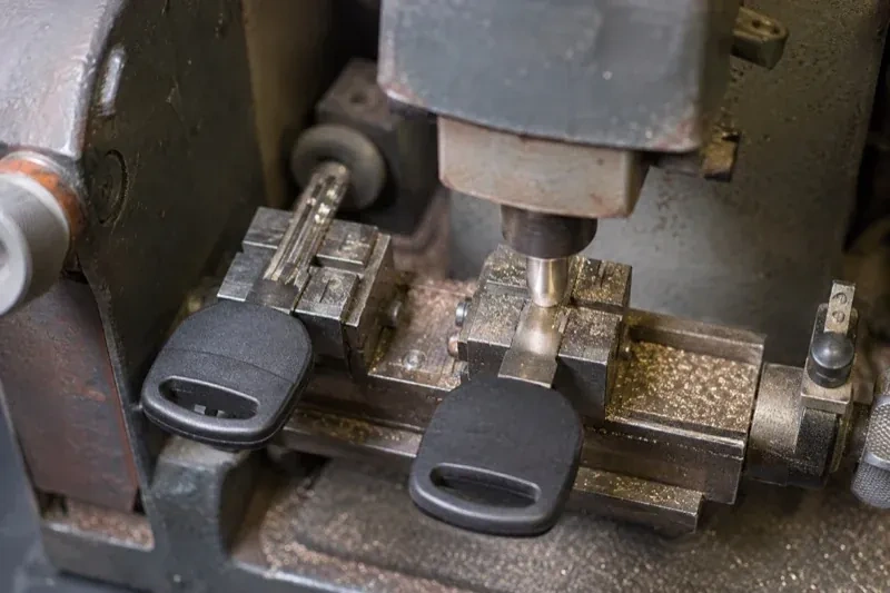 Two black-headed keys clamped in a bench machine, one beneath a vertical cutter, with metal shavings around the clamps. — Spare Car Key Duplication, Kawartha Lakes