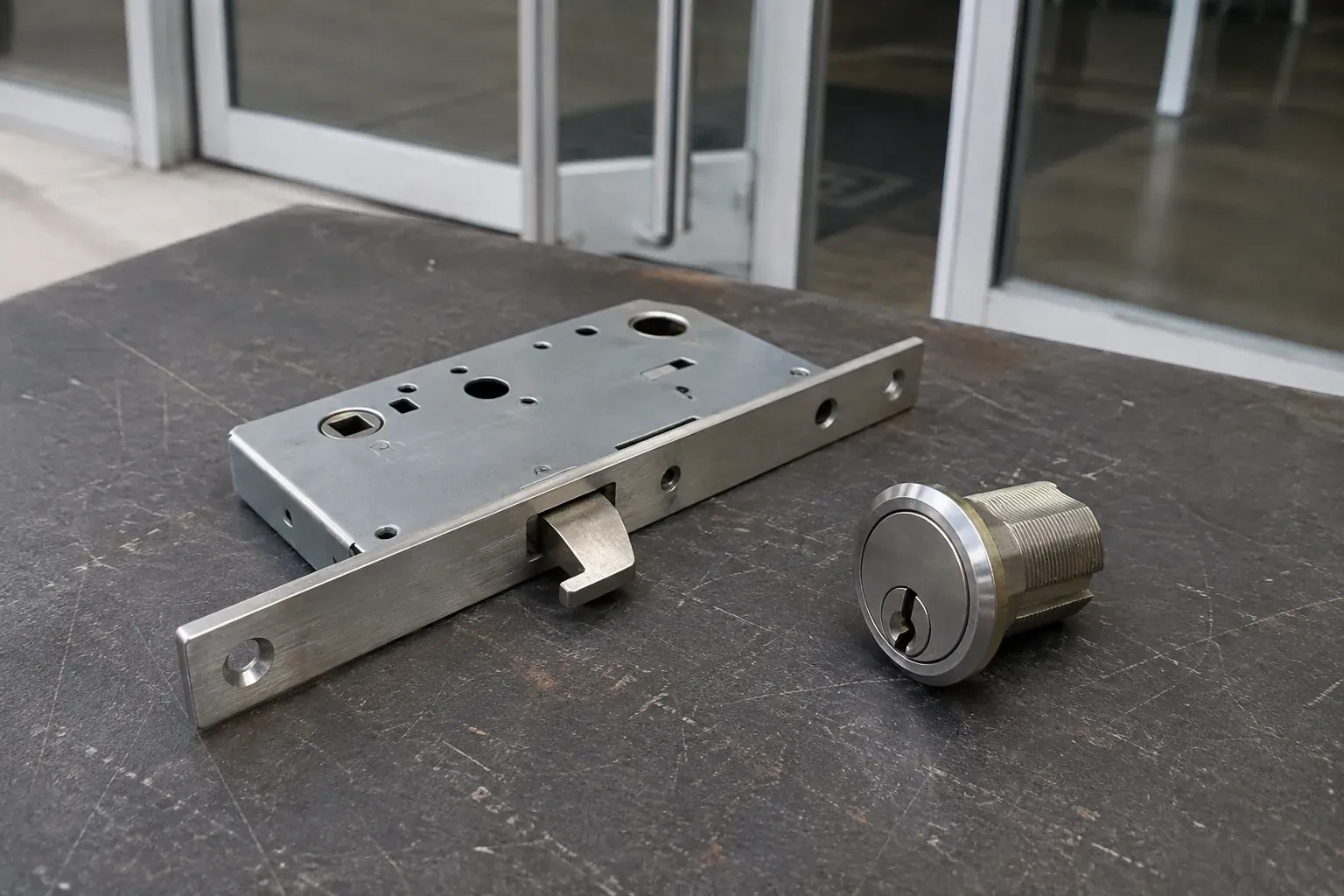 Detached mortise lock body with a projecting hook-shaped bolt beside a threaded cylinder. — Commercial-Grade Lock Replacement, Kawartha Lakes