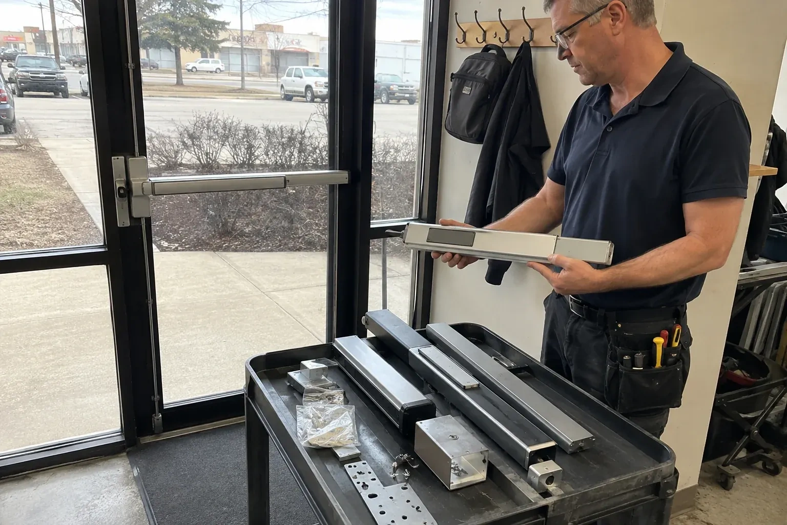 Person holding a long metal door-hardware assembly beside a cart of similar parts and a glass door fitted with a push bar. — Panic & Exit Hardware, Kawartha Lakes