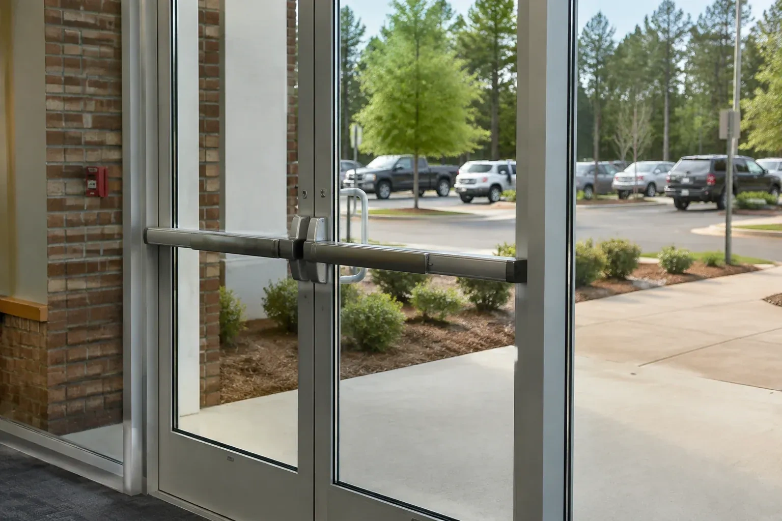 Double glass doors in metal frames with a horizontal push bar, beside a brick wall, with a parking lot and trees outside.