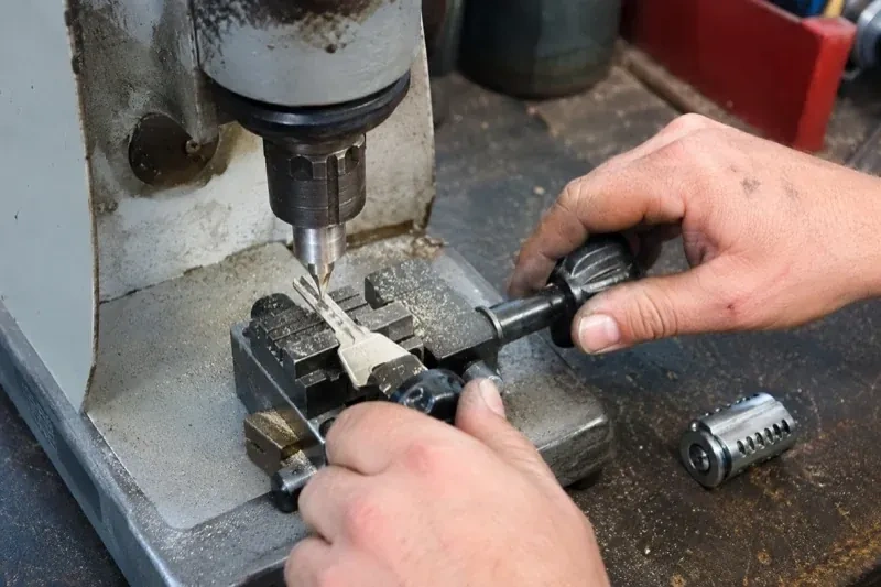 Hands operating a bench-mounted machine with a key clamped beneath a vertical cutter and a loose lock cylinder nearby. — Car Key Replacement, Kawartha Lakes