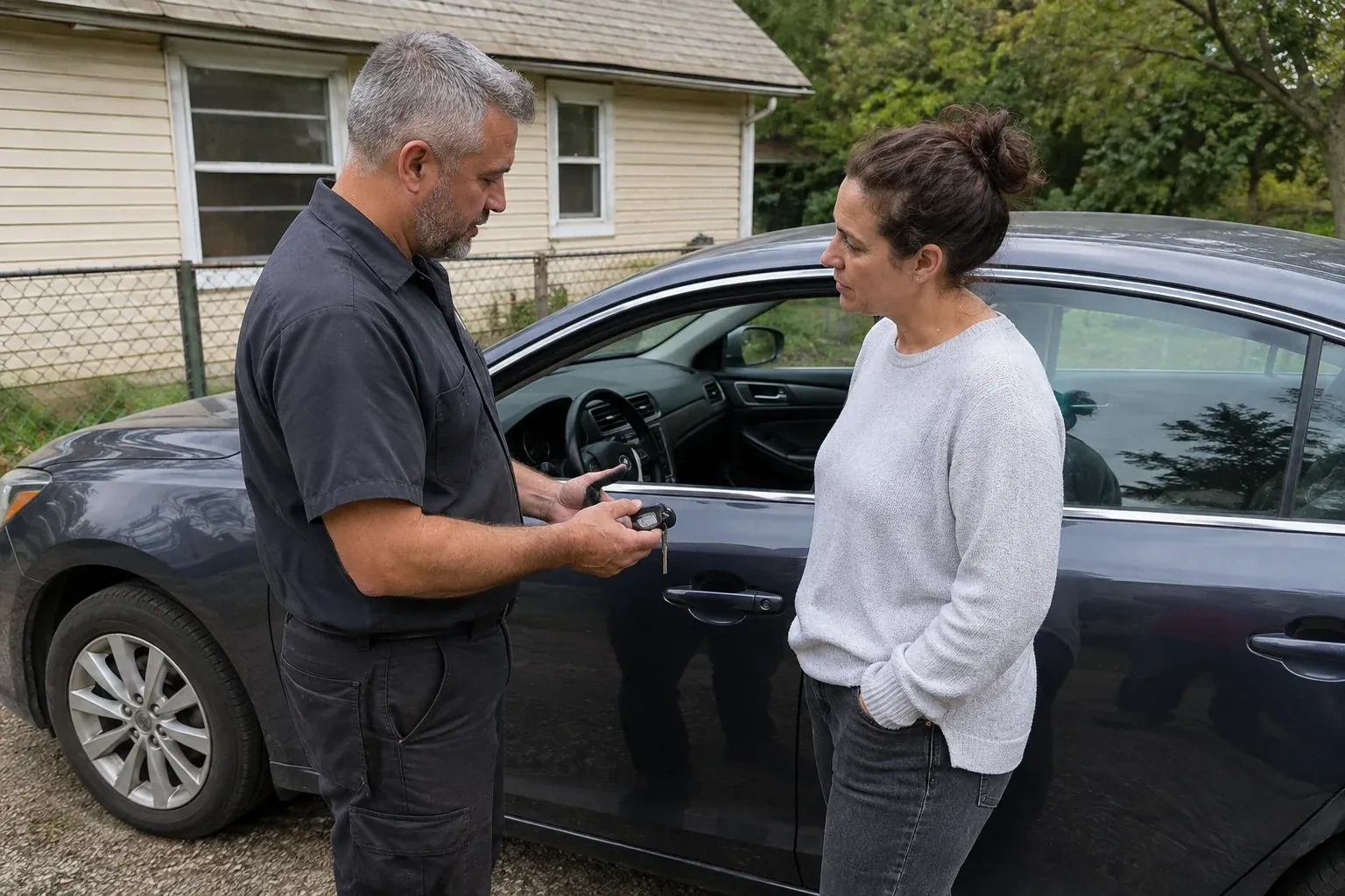 Two people standing beside a car with its window lowered, one holding a key and black key fob. — Ignition Lock Repair, Kawartha Lakes