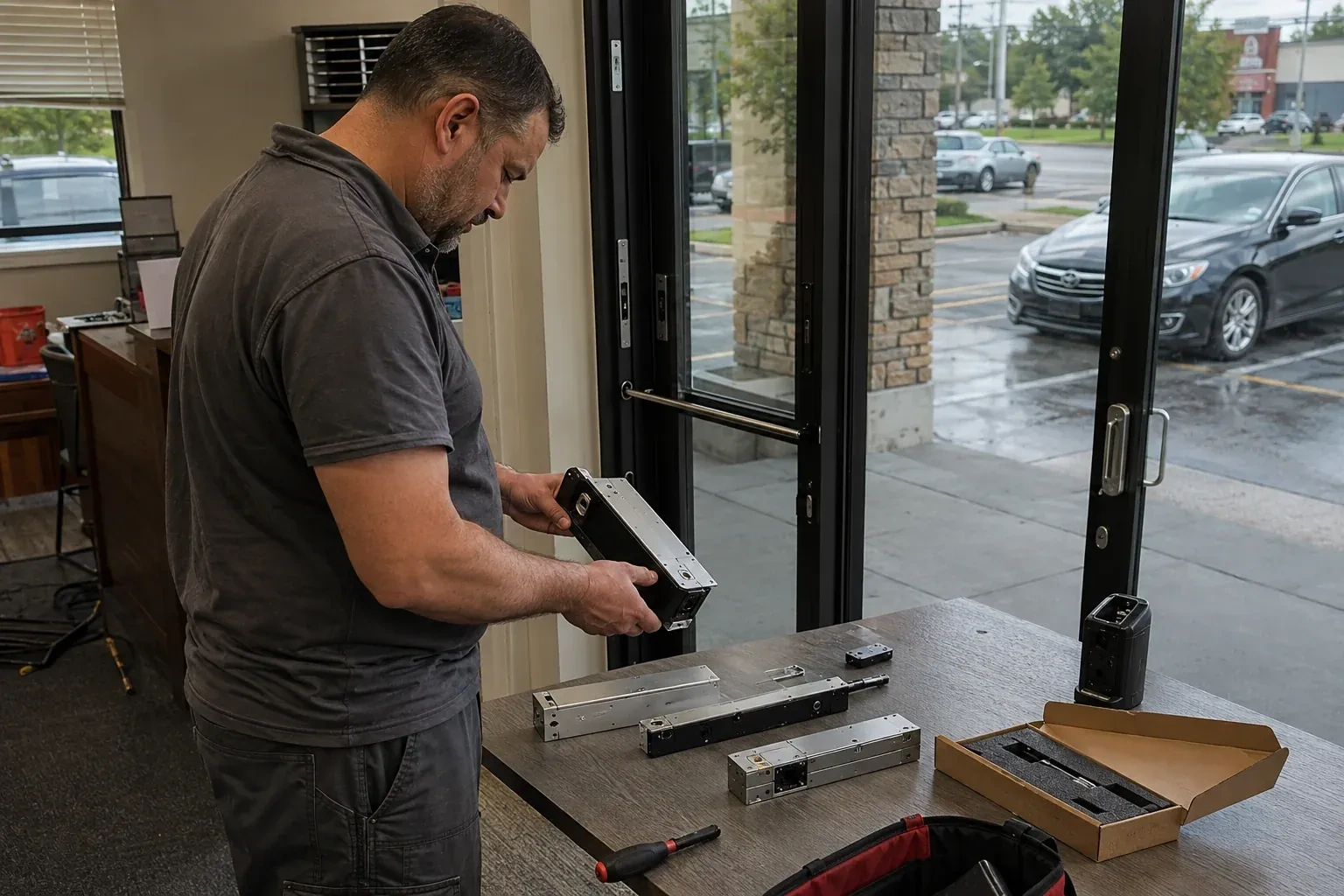 Person holding a rectangular door-hardware housing at a table with additional metal assemblies beside a glass entrance. — Access Control Installation, Kawartha Lakes