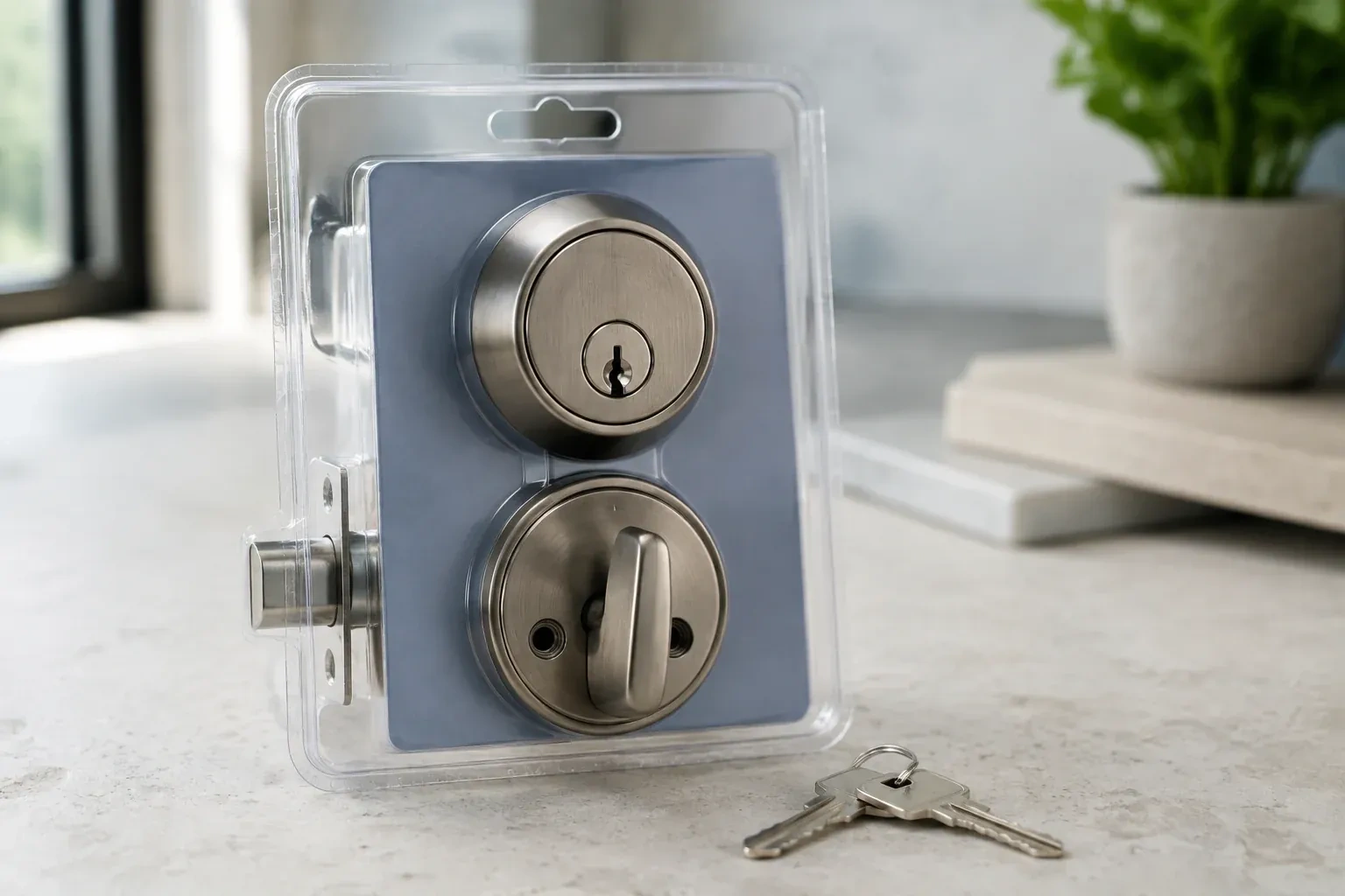 A silver-colored deadbolt set in clear packaging with two keys resting on the countertop in front. — Lock Rekeying, Kawartha Lakes