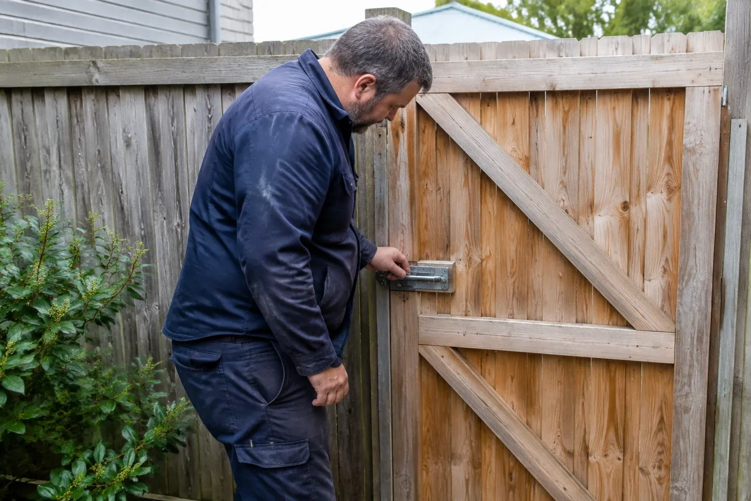 Person touching the sliding metal bolt on a wooden garden gate. — Gate & Building Entry Locks, Kawartha Lakes