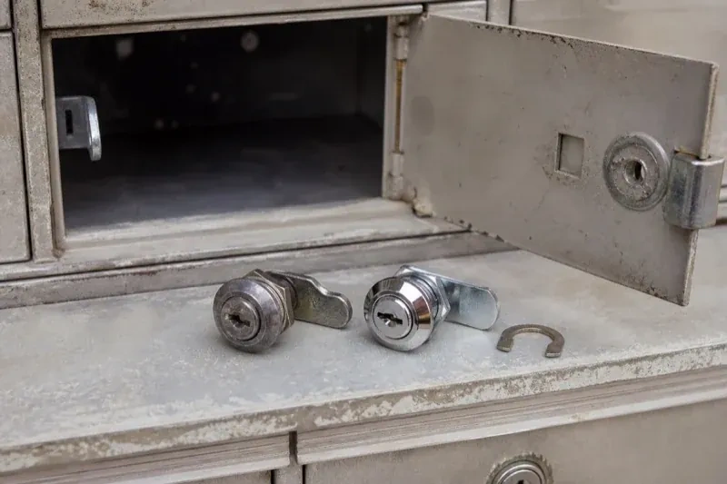 Two loose cam locks and a retaining clip resting below an open metal mailbox compartment. — Mailbox Lock Replacement, Kawartha Lakes