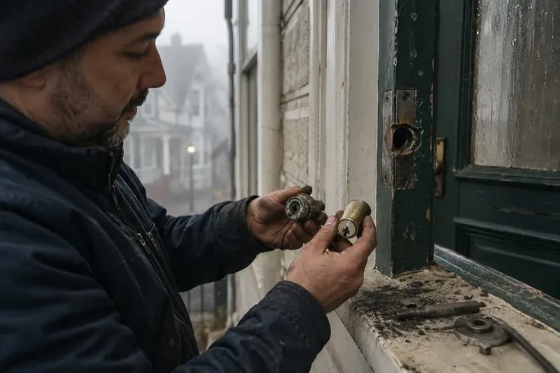 Person holding two lock cylinders beside an open painted door, with loose hardware and debris on the sill. — Seized & Jammed Lock Opening, Kawartha Lakes