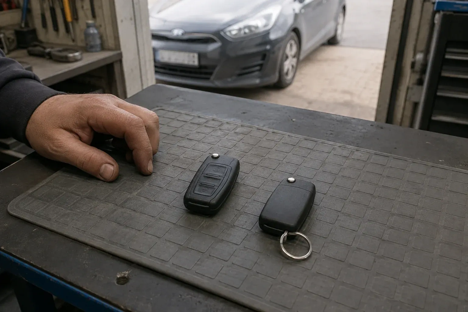 Two vehicle remote fobs on a work mat beside a technician’s hand, with a parked car beyond. — Key Fob Programming, Kawartha Lakes